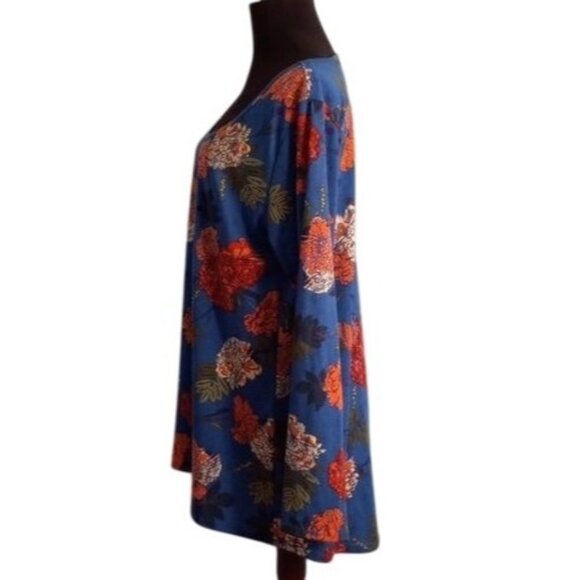 Lularoe XL Tunic Top Floral Print Long Sleeve Blue Pink Tee Shirt Hi-Low Stretch - Picture 4 of 8